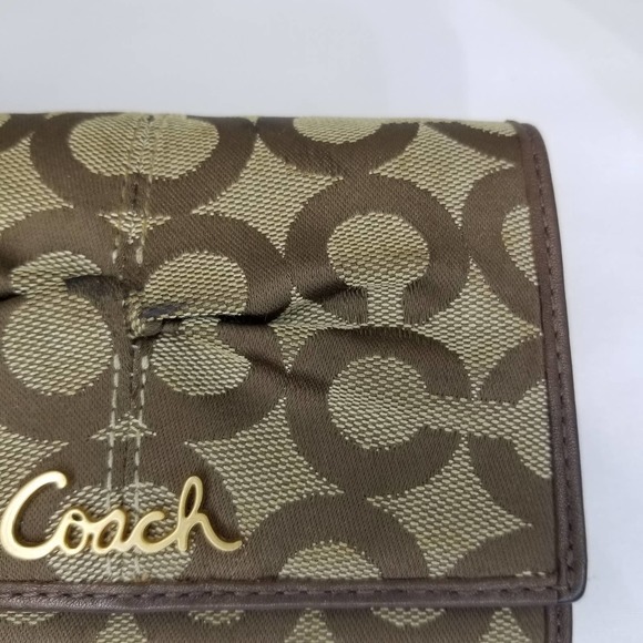 Coach Bifold Jacquard Fabric Wallet Logo CC Brown Tan Cinching - Picture 5 of 12